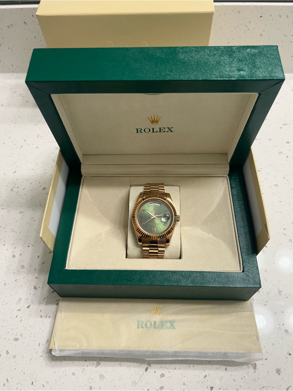 Rolex Gold Watch With Green Dial And Gold Bracelet